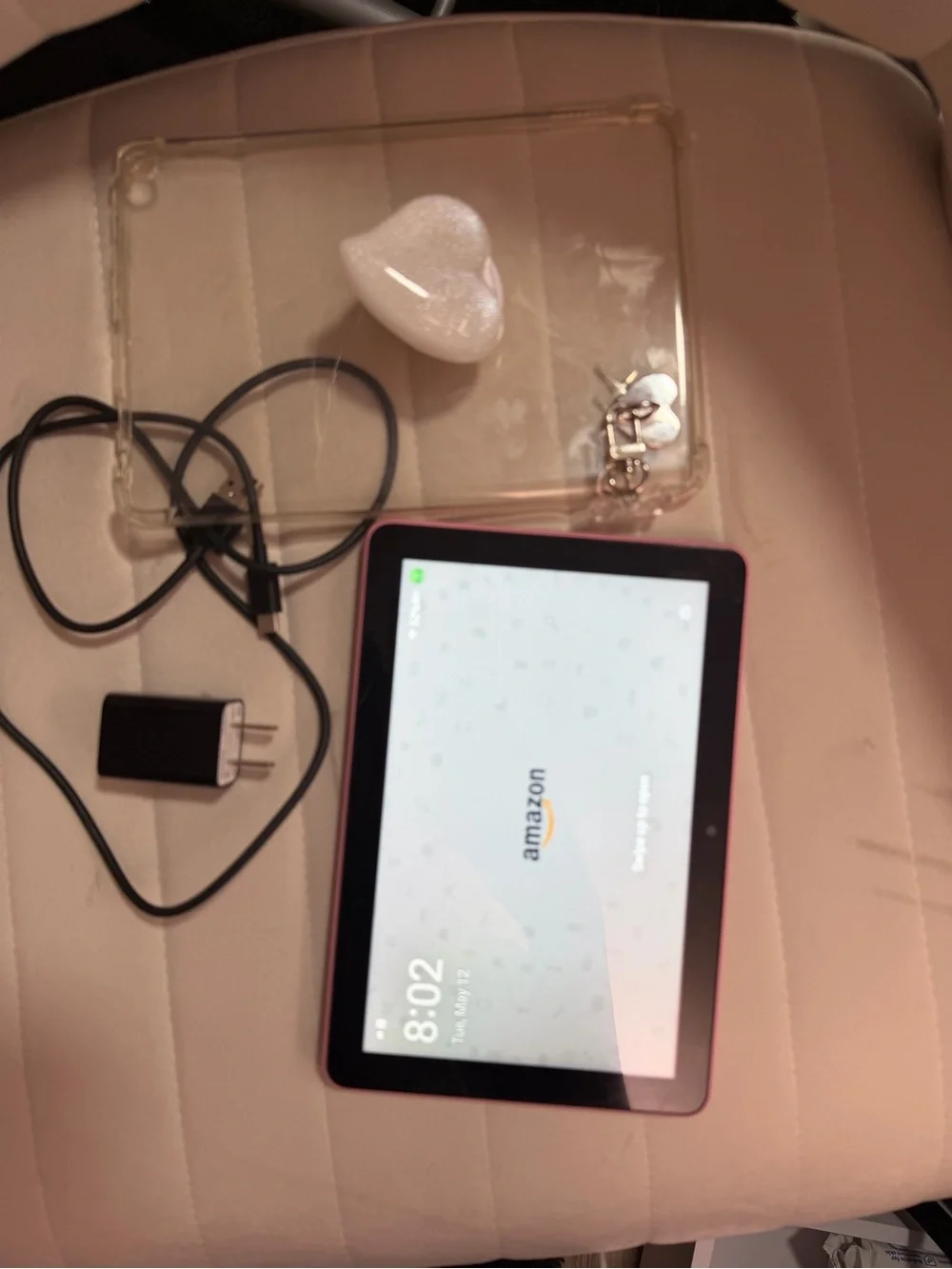 Amazon Pink kindle Fire 8 Tablet with Charger and Clear Protective Case